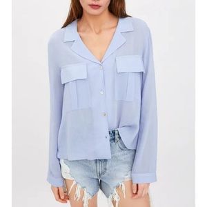 Zara Light Blue V Neck Blouse With Pockets